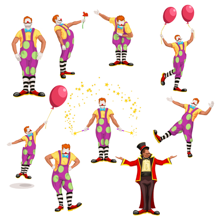 illustration of colorful funny clown set in different poses isolated on white backgroundのイラスト素材