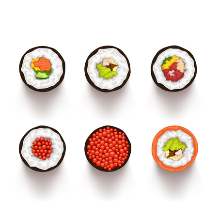 illustration of sushi set top view with soft realistic shadow on white backgroundのイラスト素材
