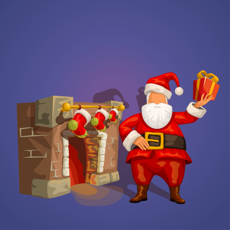 illustration of cartoon funny santa holding gift near fireplace on violet backgroundのイラスト素材