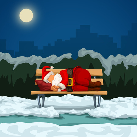 illustration of santa sleeping on a bench in a park at nightのイラスト素材