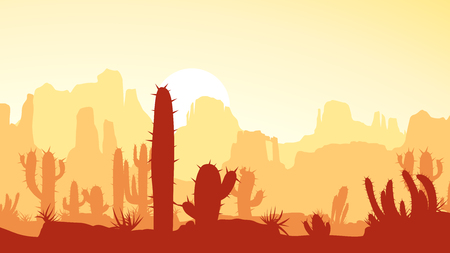 desert with cactus at sunsetのイラスト素材