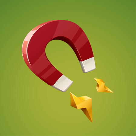 illustration of cartoon metal magnet with gold lights on green backgroundのイラスト素材