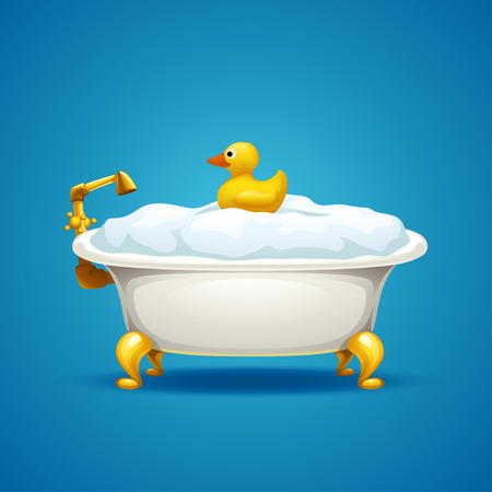 illustration of bathtub full of foam and duck tou on blue backgroundのイラスト素材