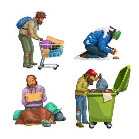 illustration of different homeless men set isolated on white backgroundのイラスト素材