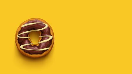 illustration of realistic chocolate donut top view with shadow on yellow backgroundのイラスト素材