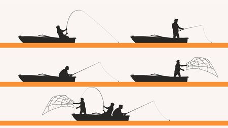 illustration of fishermen in boats silhouette set isolated on white backgroundのイラスト素材
