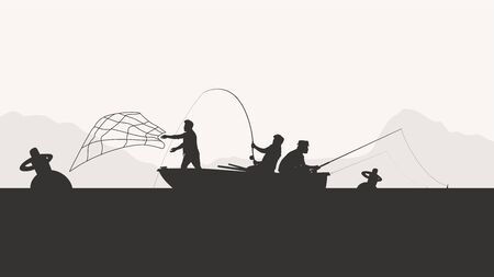 group of men fishing silhouetteのイラスト素材