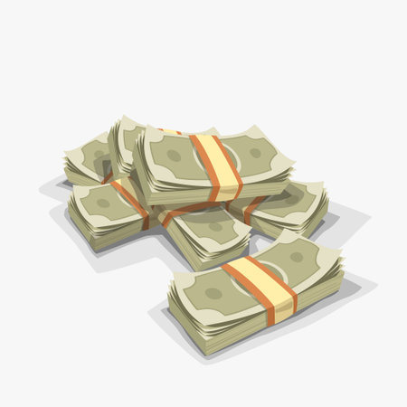 illustration of cartoon big pile of money with shadow on white background
