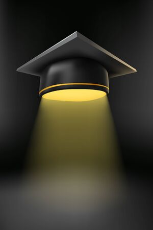 illustration of black color realistic graduate hat wiht yellow light beam on darknessのイラスト素材