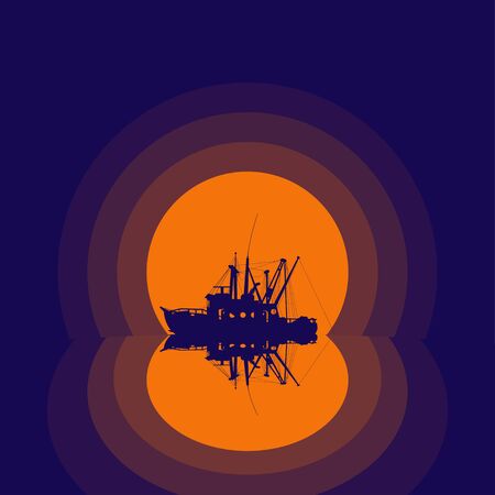 fishing boat silhouette with reflectionのイラスト素材