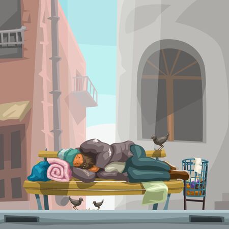 homeless sleeping on city benchのイラスト素材