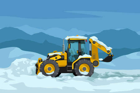 yellow color tractor clearing snow side viewのイラスト素材
