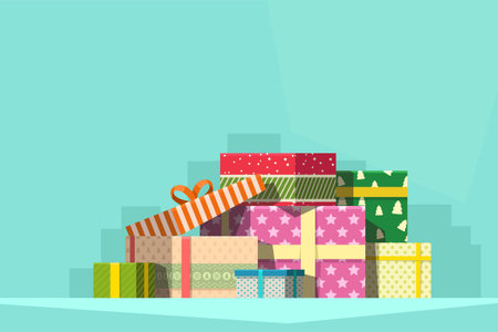 pile of colorful christmas gifts on blueのイラスト素材
