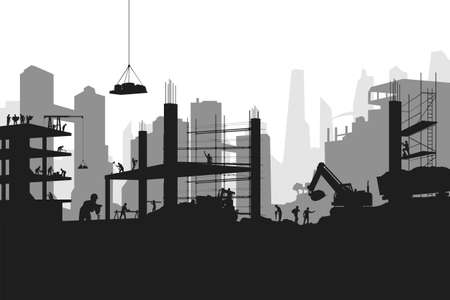 silhouette builders at work on big constructionのイラスト素材