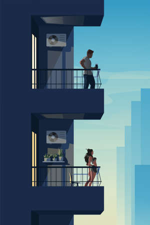 two different neighbors on balconies at sunsetのイラスト素材