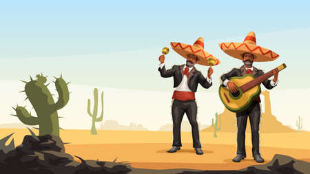 two male mexican mariachi playing music outdoorのイラスト素材
