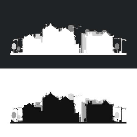 small city neighborhood silhouette style in setのイラスト素材