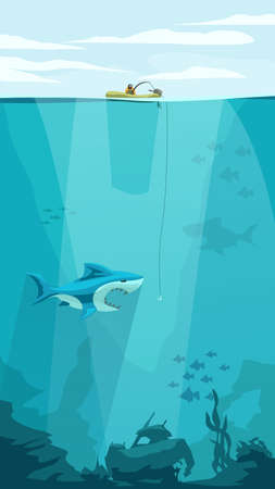 fishing man in a boat underwater worldのイラスト素材