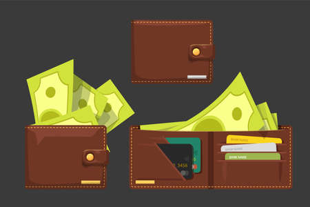 full of money brown color wallets setのイラスト素材