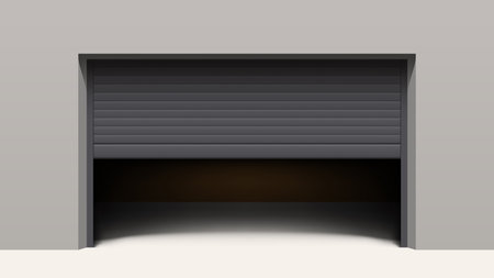 half open black garage door grey wallのイラスト素材
