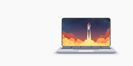 launching rocket on screen of new laptopのイラスト素材
