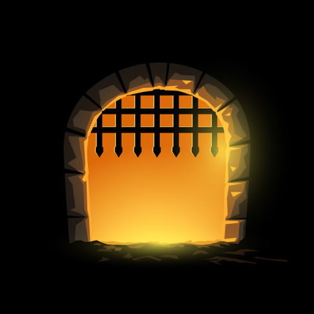 black medieval city gates silhouette at sunsetのイラスト素材