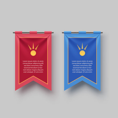 hanging medieval flags with shadows on greyのイラスト素材