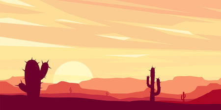 red desert landscape with cactuses at sunsetのイラスト素材