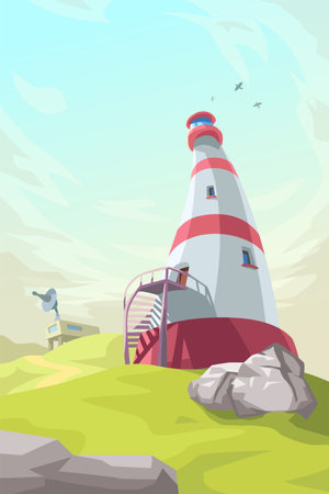 a lighthouse at sunny day cartoon designのイラスト素材