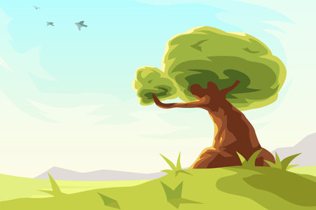 pieceful tree at sunny day cartoon styleのイラスト素材