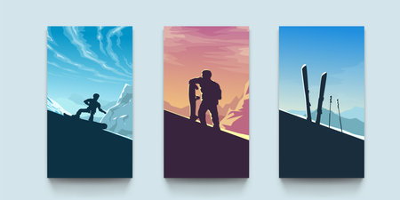 various ski landscape posters on grey colorのイラスト素材