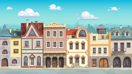 a cartoon style various houses facade streetのイラスト素材