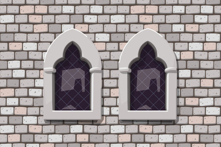 medieval windows on grey color stone wallのイラスト素材