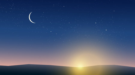 a beautiful sunset with moon at skyのイラスト素材