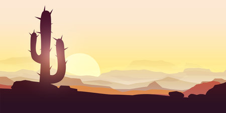 close view cactus panoramic landscape at sunsetのイラスト素材