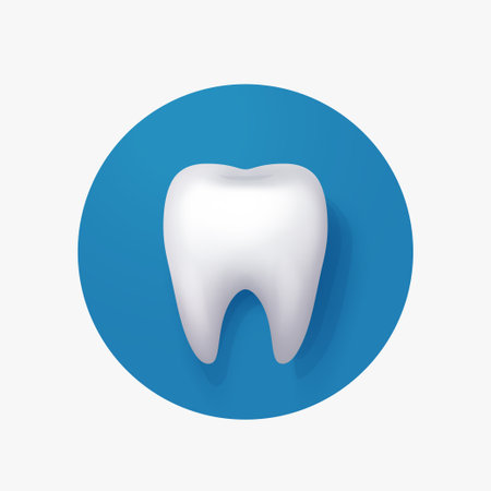 white realistic tooth icon on blue backのイラスト素材