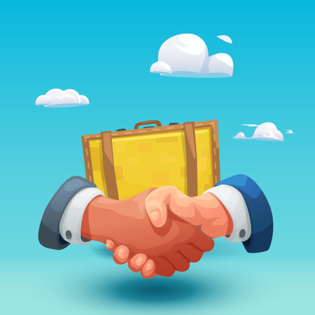 handshake with leather case flying on blueのイラスト素材