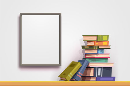 stack of colorful books near white wallのイラスト素材