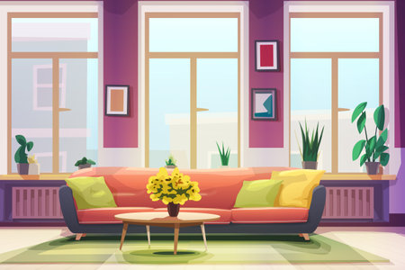 retro modern interior design at sunny dayのイラスト素材