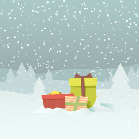 xmas gifts outdoor in snow cartoon styleのイラスト素材