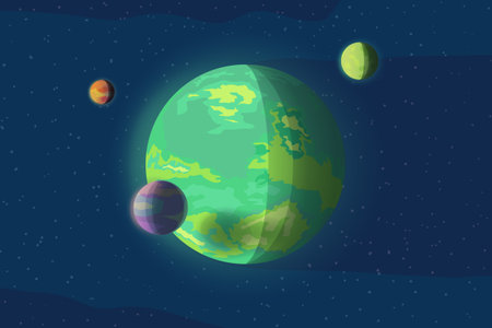 green planet with three moons deep spaceのイラスト素材