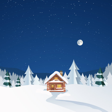 a wooden cabin clear sky full moonのイラスト素材