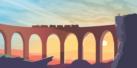 old train on bridge at sunset panoramaのイラスト素材