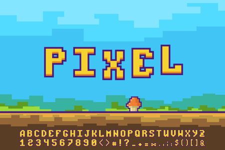 a retro pixel text alphabet and symbols setのイラスト素材
