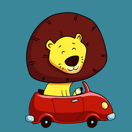 Cute cartoon lion driving a car. Can be used for fashion print design, textile design, fashion graphic, t-shirt, kids wearのイラスト素材