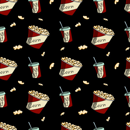 Drink and popcorn. Seamless pattern on black backgroundのイラスト素材