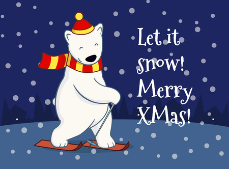 Cute cartoon polar bear skiing. Christmas greeting card.のイラスト素材
