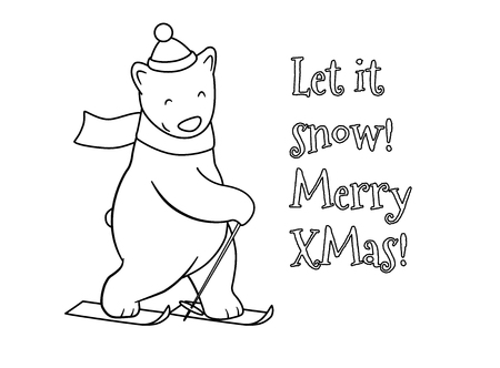 Cute cartoon polar bear skiing. Coloring page for kidsのイラスト素材