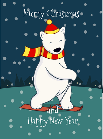 Cute cartoon skiing polar bear. Christmas greeting card.のイラスト素材