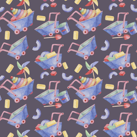 Baby seamless pattern with wheelbarrow, bucket, shovel, stack rings, pinwheel in watercolor. Retro toy ornament Hand drawn textile print for kids, childrens wallpaper, wrapping, present, scrapbookingの写真素材